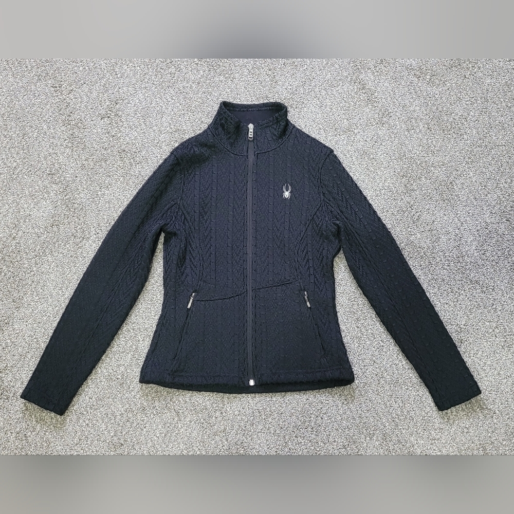 Womens Spyder Black Cable Knit Full Zip Sweater Size Small